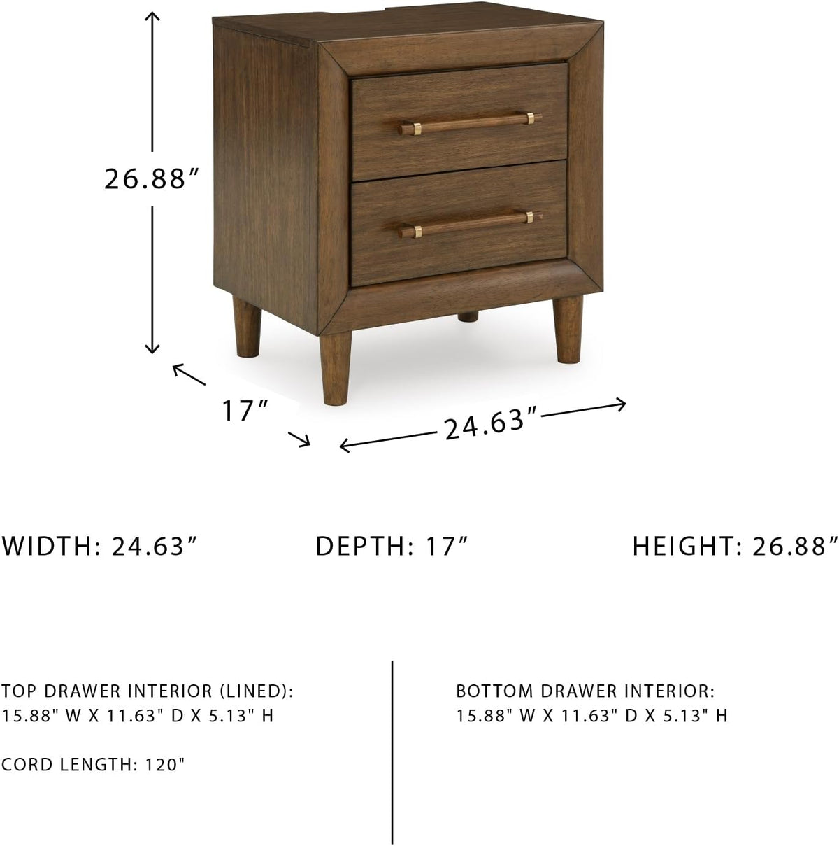 Signature Design by Ashley Lyncott Wood Nightstand with Charging Station | Mid-century mango wood veneer, 2 dovetail drawers, Built-in USB-A and USB-C charging, Round tapered legs
