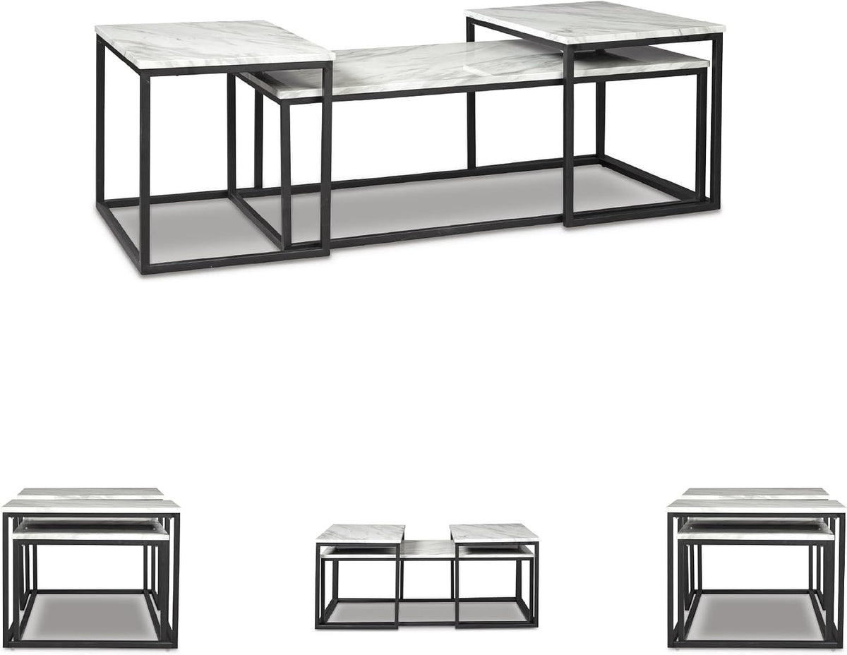 Signature Design by Ashley Donnesta 3 Piece Nesting Coffee Table Set | Space saving design, Decorative laminate over engineered wood, Faux Carrara marble pattern, Black powder coated metal