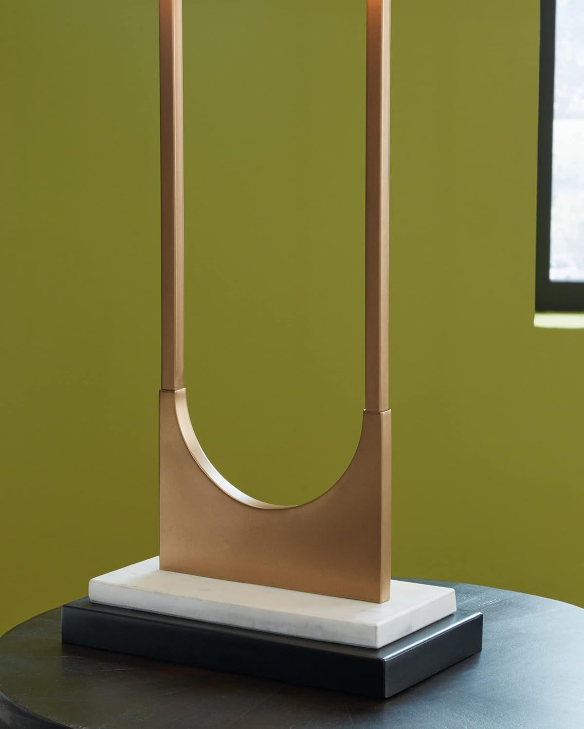 Signature Design by Ashley Table Lamp, Tall Modern Marble, Black and Brass | 32.75-inch open metal frame with brass-tone and black finish, White marble base with black fabric shade, Malana Series
