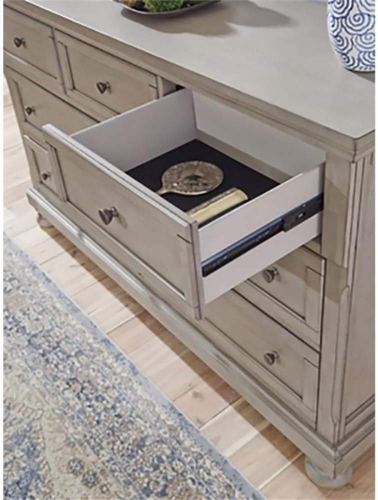 Signature Design by Ashley Lettner Dresser for Bedroom, 7 Drawer Burnished Gray Chest, 65-Inch Wide Traditional Style, Hidden Storage for Small Valuables, Light Gray