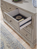 Signature Design by Ashley Lettner Dresser for Bedroom, 7 Drawer Burnished Gray Chest, 65-Inch Wide Traditional Style, Hidden Storage for Small Valuables, Light Gray