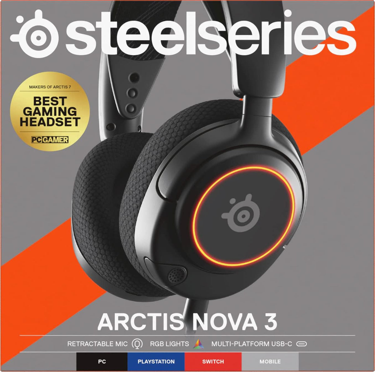 SteelSeries Arctis Nova 3 - USB-C Gaming Headset for PC, PS4, PS5 & Switch - RGB Lights - Hi-Fi Drivers - 360° Spatial Audio - AirWeave Memory Foam Earcups - Super Lightweight - ClearCast Gen 2 Mic