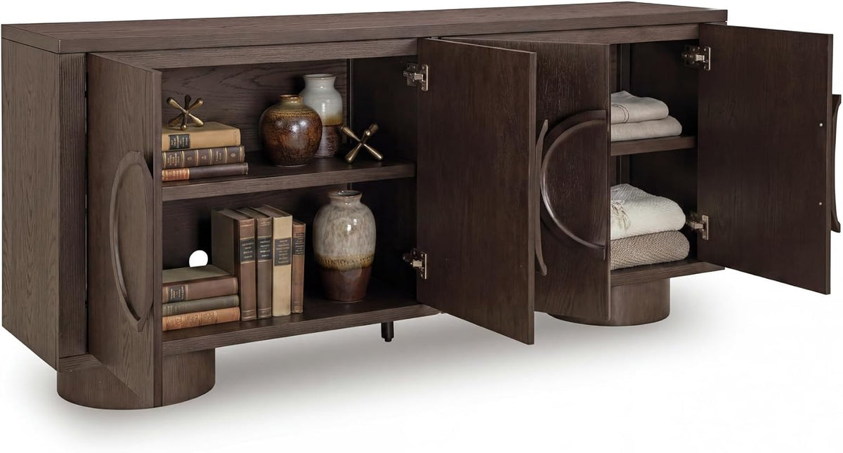 Signature Design by Ashley Accent Cabinet, 72" Dark Brown Credenza, Veeda | Premium oak veneer construction, 72-inch TV stand, Media console with cord management, Contemporary 4-door sideboard