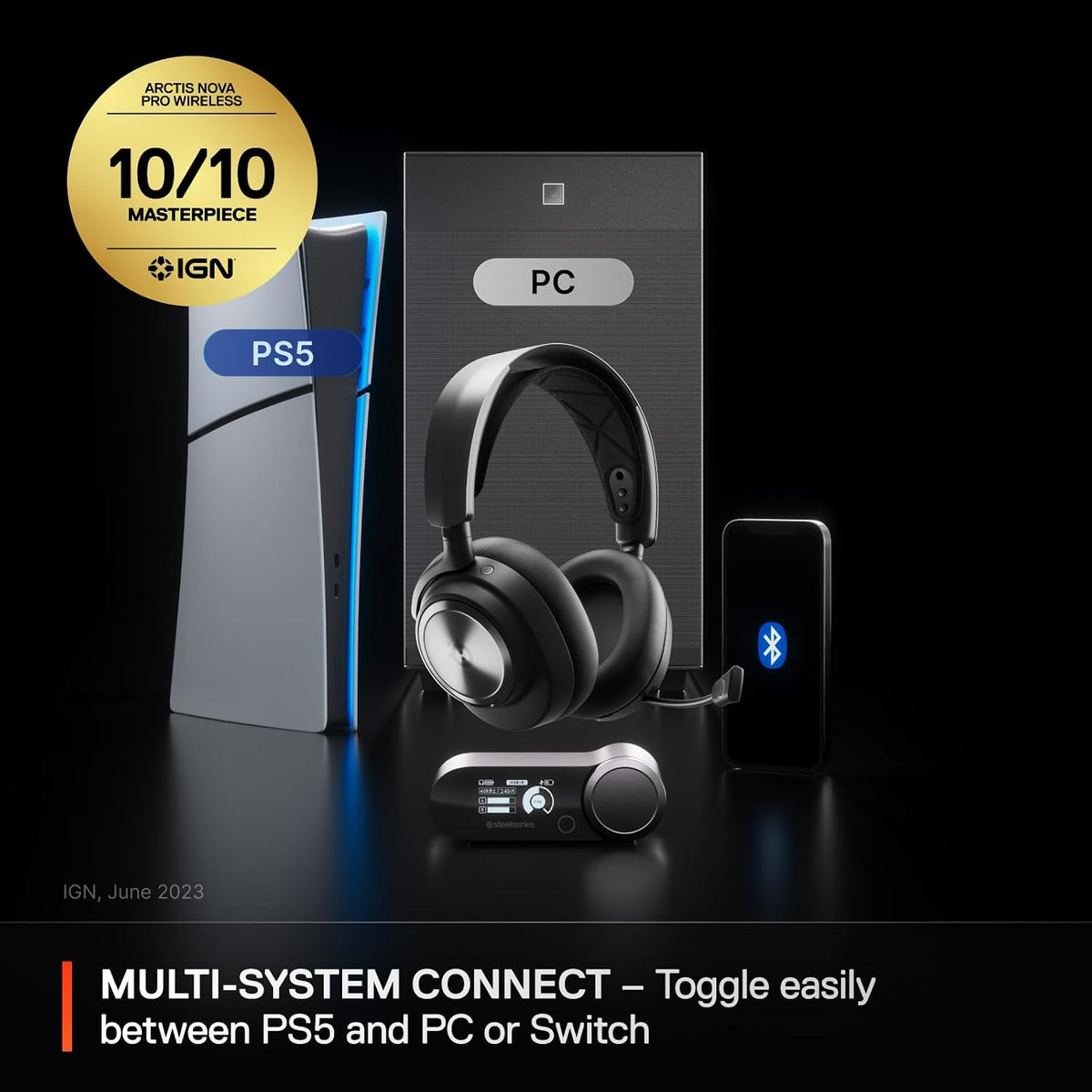 SteelSeries Arctis Nova Pro Wireless - Multi-System Gaming Headset (PS & PC/Switch + Bluetooth) - Unlimited Battery Life; 2 Hot-Swap Batteries - Active Noise Cancellation - ClearCast Gen2 Mic