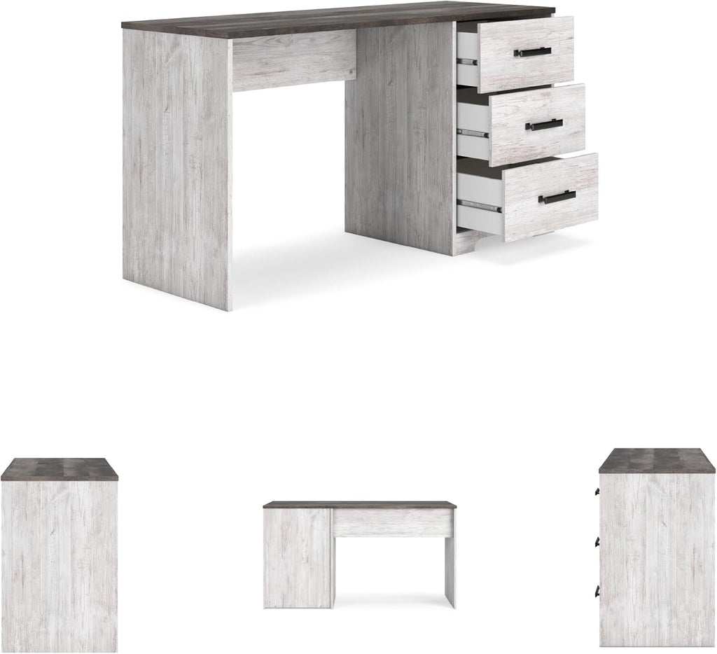 Signature Design by Ashley Farmhouse Desk with Drawers, 54", White & Gray | Engineered wood, 3 smooth-gliding drawers, Fully finished back, 19 in depth, Modern farmhouse style, Shawburn Series