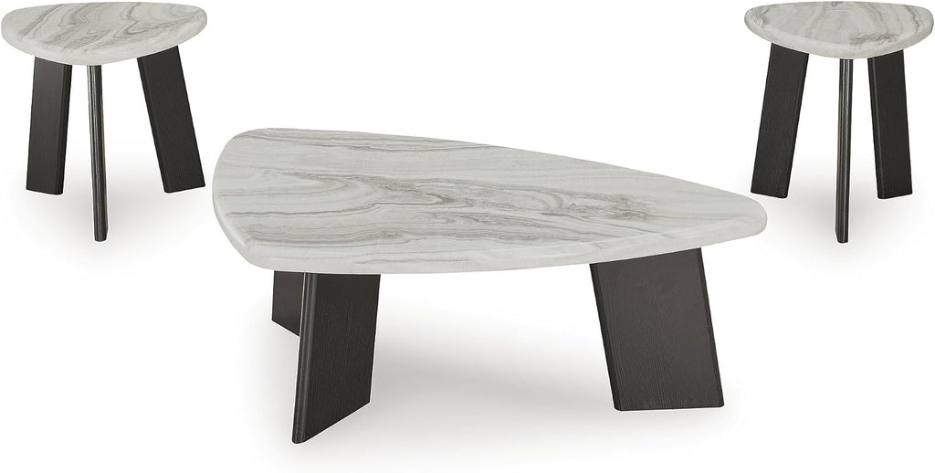 Signature Design by Ashley Lilyberg 3 Piece Coffee Table Set, Black Legs | Engineered wood and decorative laminate, Replicated Carrara marble top, Triangular modern coffee table set, Living room use