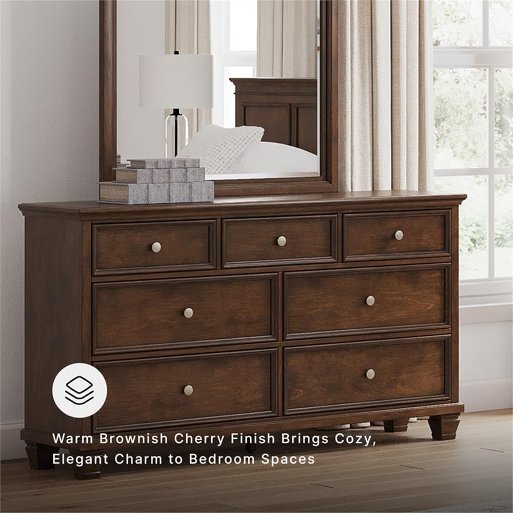 Signature Design by Ashley Traditional 7 Drawer Dresser, Dark Cherry | 62-inch wide dresser made of hardwood solids, birch veneer and MDF substrate, Dark cherry wood finish, Danabrin Series