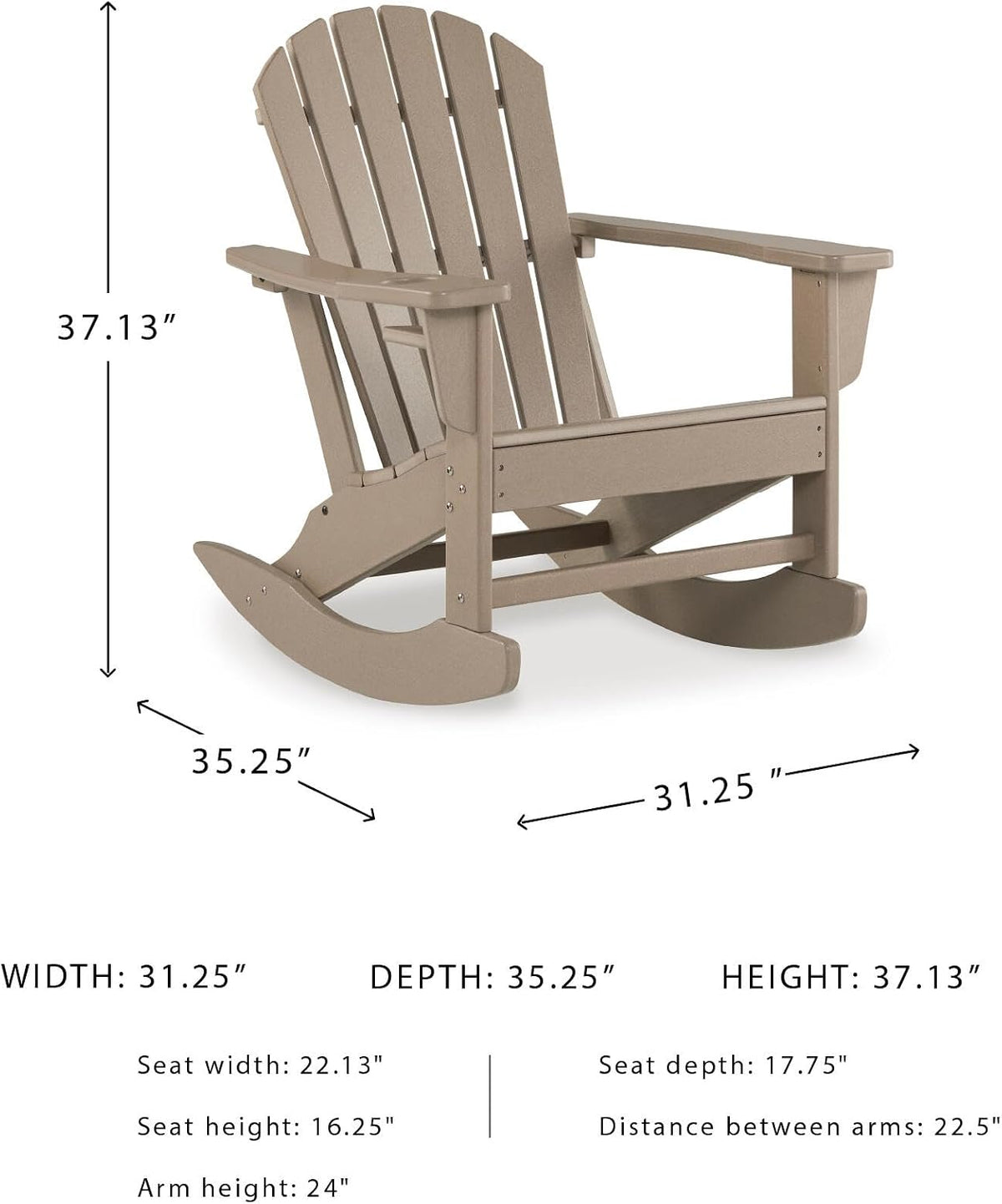 Signature Design by Ashley Sundown Treasure HDPE Outdoor Rocking Chair | All-weather HDPE resin Adirondack chair with built-in cup holder, Classic slat-back design for porches and patios