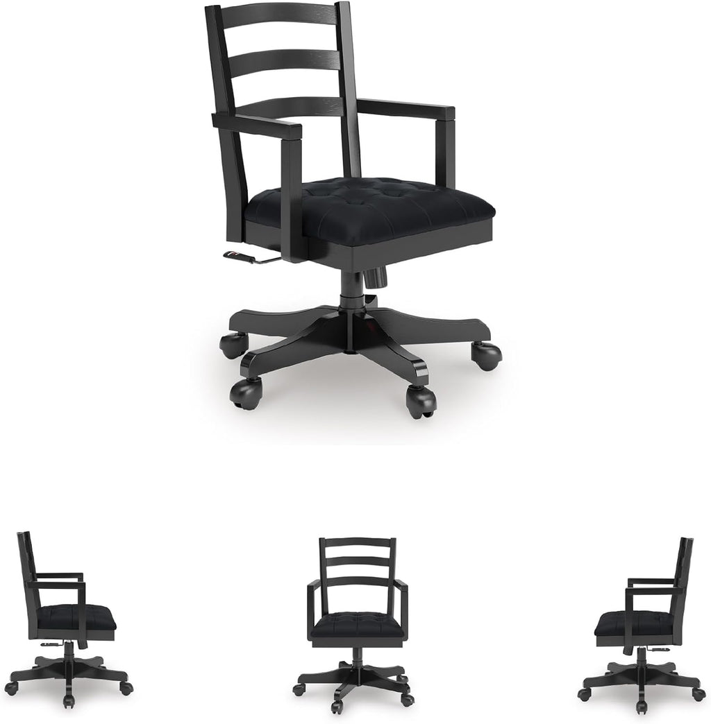 Signature Design by Ashley Wildenauer 1-Piece Swivel Desk Chair, Black | Wood swivel desk chair, Classic ladder back design, Foam cushioned seat, Durable black polyester fabric