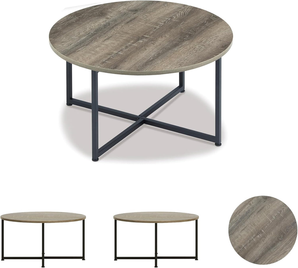 Signature Design by Ashley 3-Piece Living Room Coffee and End Table Set | Round coffee and square end tables, Laminate engineered wood, Dark metallic frames, Contemporary style, Wadeworth Series