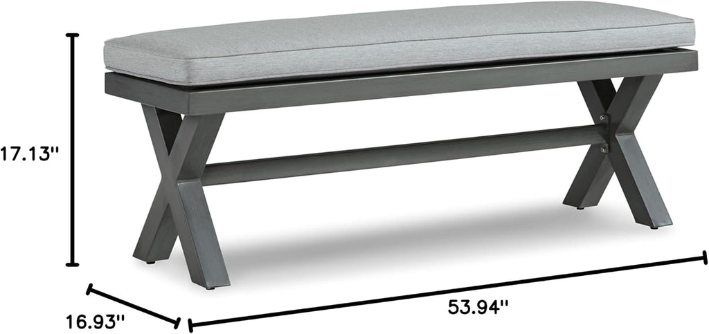 Signature Design by Ashley Elite Park Outdoor Bench with Foam Cushion, Nuvella Weather Resistant Fabric, Rust Free Aluminum Frame, 54" W x 17" D x 16.5" H, Gray