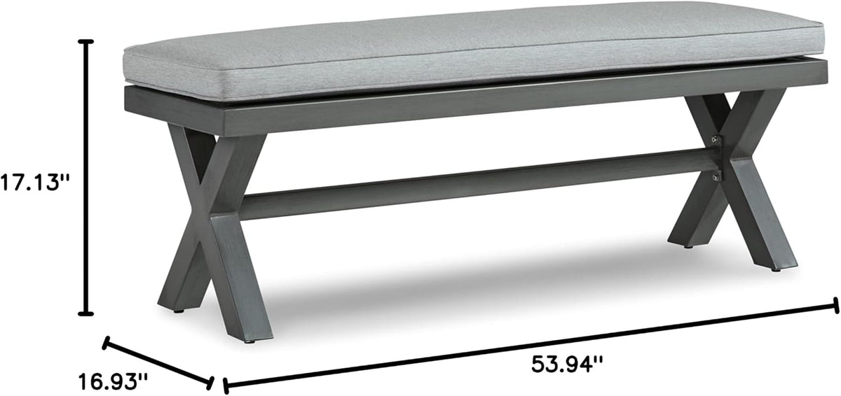 Signature Design by Ashley Elite Park Outdoor Bench with Foam Cushion, Nuvella Weather Resistant Fabric, Rust Free Aluminum Frame, 54" W x 17" D x 16.5" H, Gray