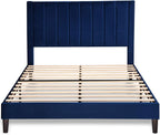 Allewie Queen Platform Bed Frame/Velvet Upholstered Bed Frame with Vertical Channel Tufted Headboard/Strong Wooden Slats/Mattress Foundation/Box Spring Optional/Easy Assembly/Navy Blue