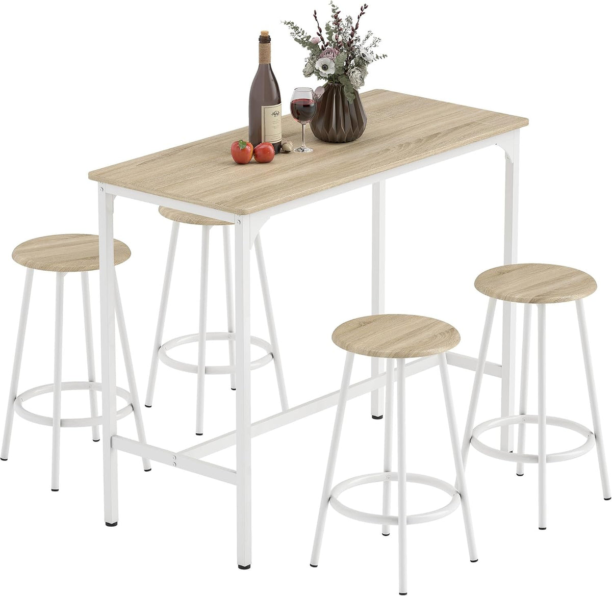 HOMCOM Breakfast 5 Piece Bar Table Set for 4 with Stools, Natural Wood