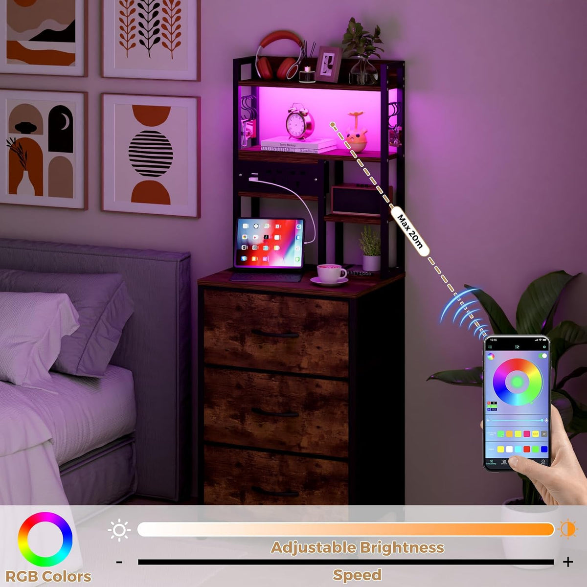 Bedside Table,Nightstand with Charging Station&App Control LED Lights