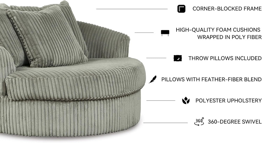 Signature Design by Ashley Lindyn Oversized Round Swivel Accent Chair, Fog | Plush textured cord upholstery, Sag-resistant platform foundation, Reversible seat cushion, No assembly required