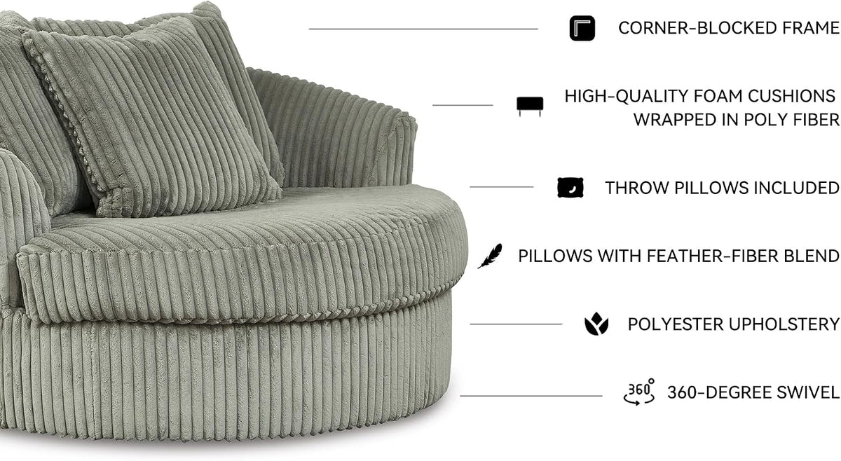 Signature Design by Ashley Lindyn Oversized Round Swivel Accent Chair, Fog | Plush textured cord upholstery, Sag-resistant platform foundation, Reversible seat cushion, No assembly required