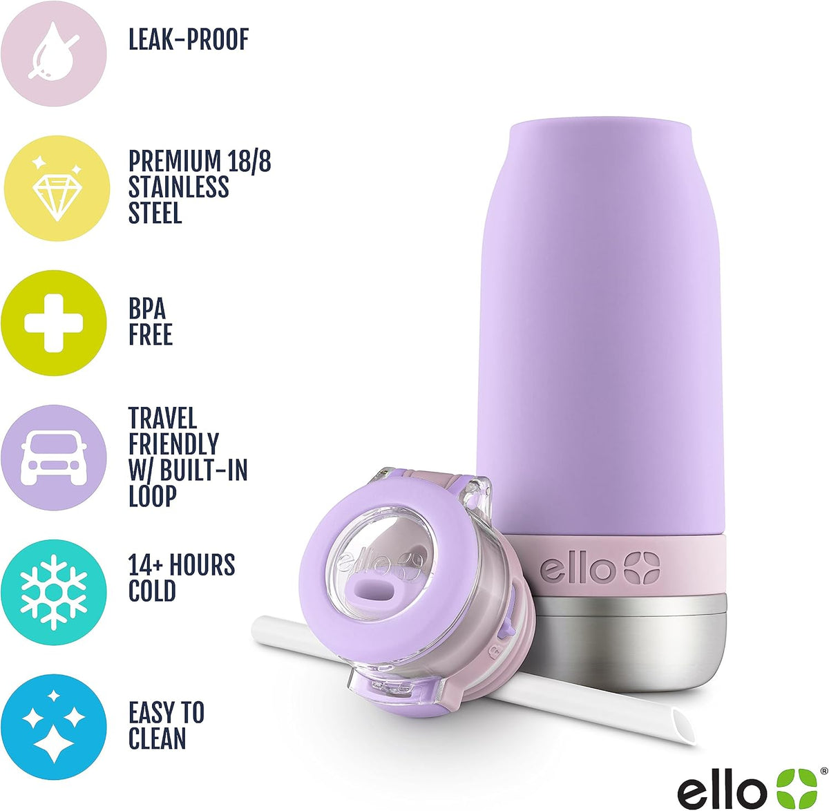 Ello Emma 14oz Insulated Stainless Kids Water Bottle with Straw, Lilac/Cashmere
