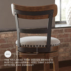 Signature Design by Ashley Valebeck Counter Height Bar Stool, Brown | Rustic-industrial wood and metal stool, Cushioned comfort, Tailored nailhead trim, Smooth 360-degree swivel