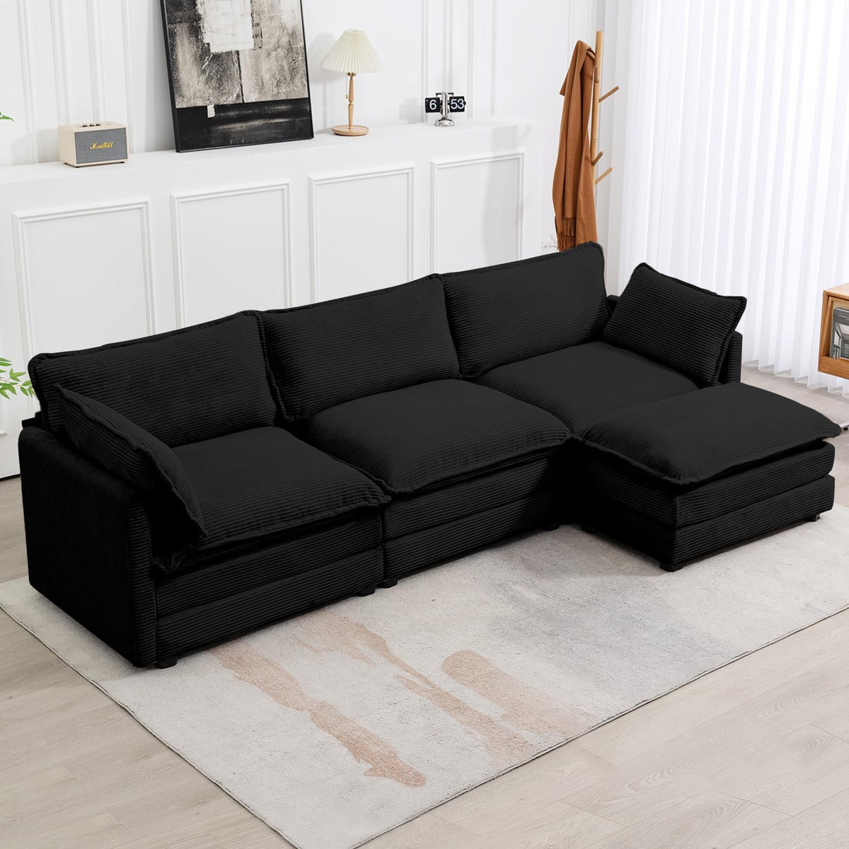ROWHY 112'' Sectional Modular Cloud Couch, Oversized 5 Seat Couches U Shaped Sofa with 2 Movable Ottomans, 2 Throw Pillows, Upholstered Corduroy U Shape Comfy Deep Couches for Living Room, Beige