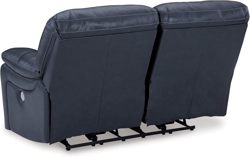 Signature Design by Ashley Leesworth Power Reclining Loveseat, Ocean Blue | Space-saving zero wall design, Top grain leather touchpoints, Built-in zero-draw USB ports, 32 in minimum doorway width