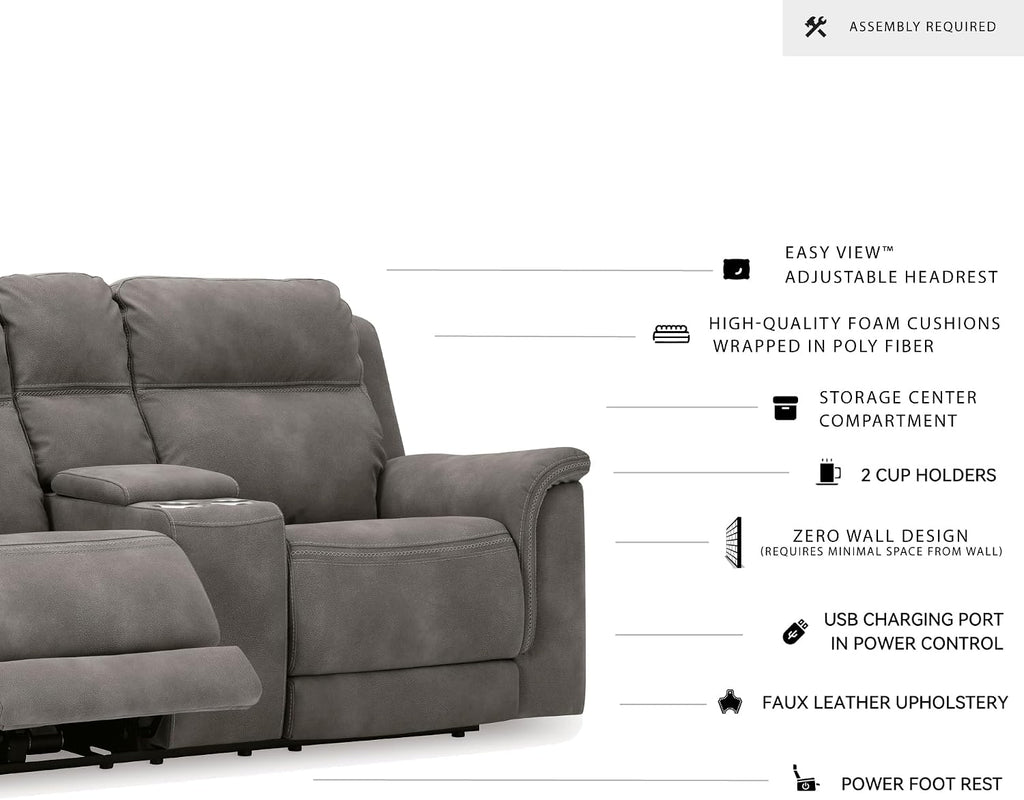 Signature Design by Ashley Power Reclining Loveseat Sofa with Console | Faux leather look, 15-minute assembly, Water-resistant DuraPella fabric, Zero-gravity reclining, Adjustable headrest
