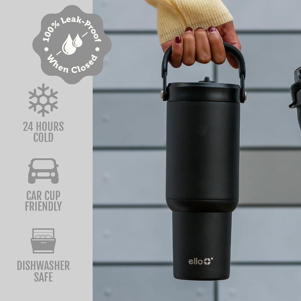 Ello Oasis Go+ 26oz Insulated Stainless Steel Tumbler with Straw, Black