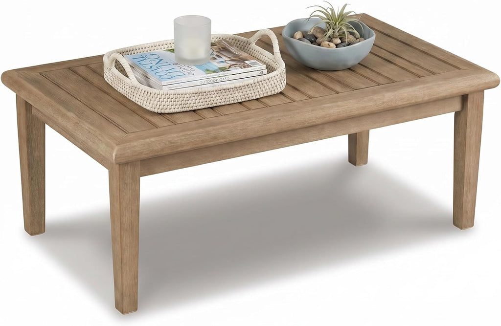 Signature Design by Ashley Wood Outdoor Coffee Table, Grayish Brown | Weather resistant eucalyptus wood, 5-step protective coating, Slatted top sheds rainwater, 50-in width, Gerianne Series