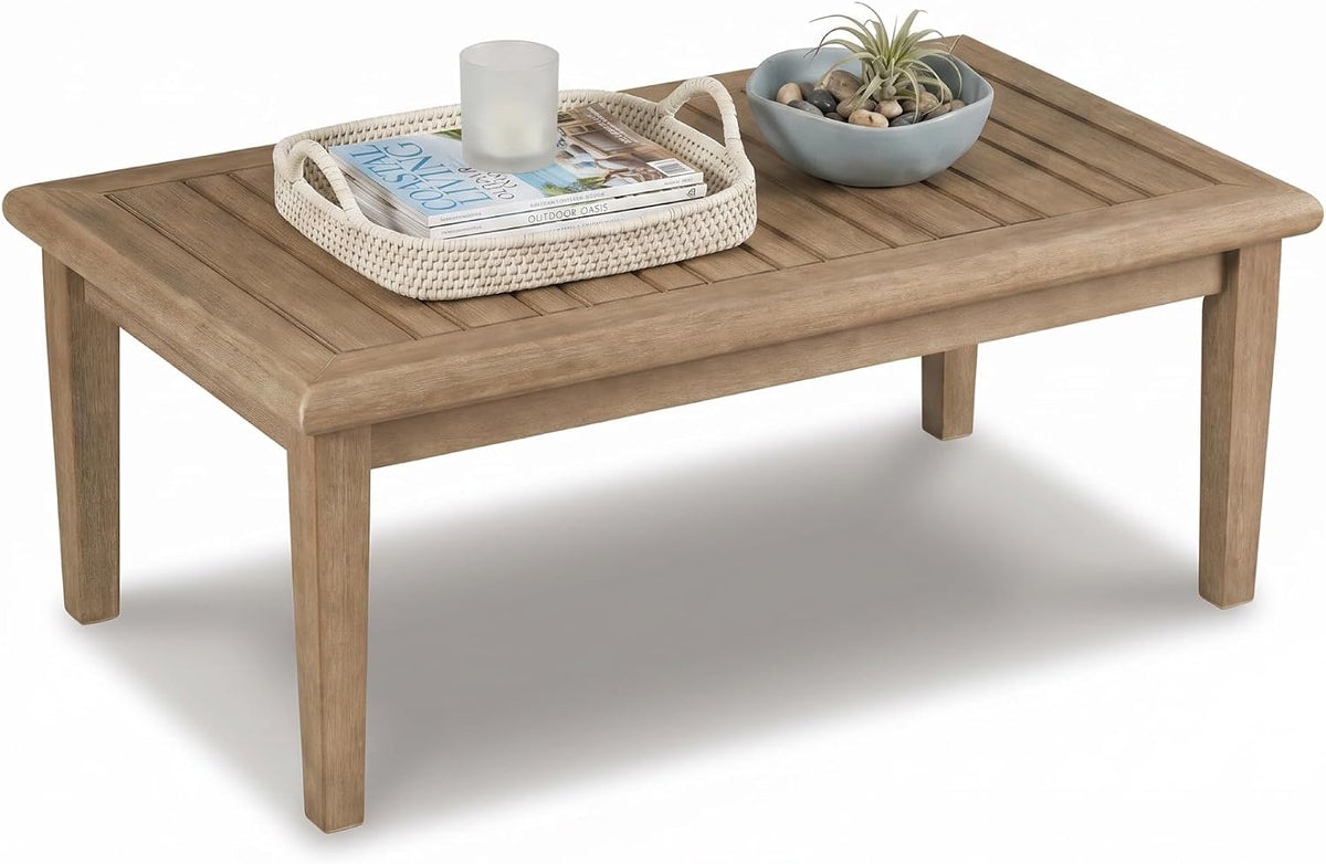 Signature Design by Ashley Wood Outdoor Coffee Table, Grayish Brown | Weather resistant eucalyptus wood, 5-step protective coating, Slatted top sheds rainwater, 50-in width, Gerianne Series