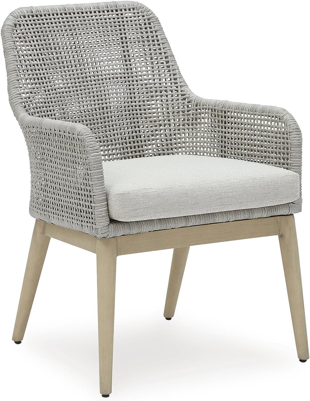 Signature Design by Ashley Seton Creek Cottage Nuvella Weather Resistant Fabric Outdoor Dining Arm Chair with Cushion, Set of 2, Light Brown & Light Gray