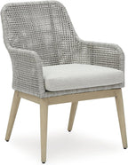 Signature Design by Ashley Seton Creek Cottage Nuvella Weather Resistant Fabric Outdoor Dining Arm Chair with Cushion, Set of 2, Light Brown & Light Gray