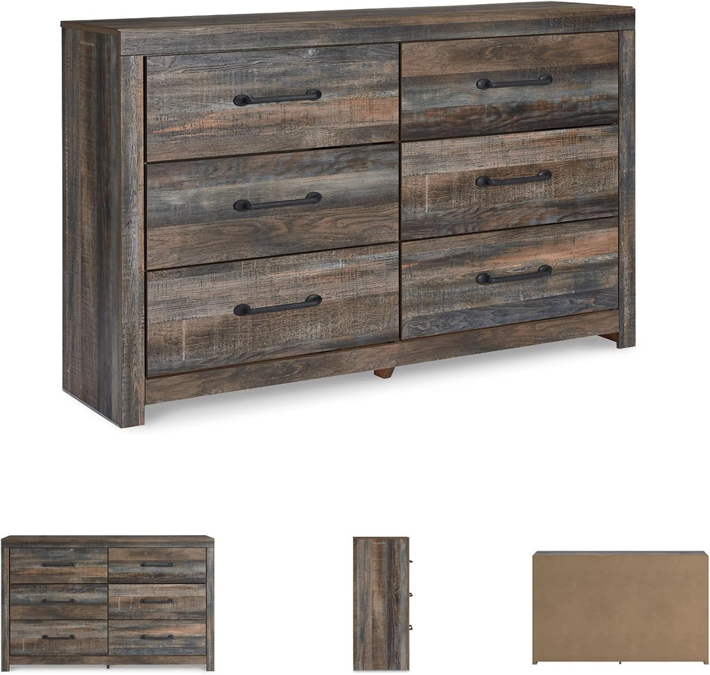 Signature Design by Ashley Rustic 6 Drawer Bedroom Dresser, Drystan | Faux linen drawer lining, Rustic brown finish with subtle teal accents, Sturdy 59-inch wide engineered wood frame