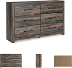 Signature Design by Ashley Rustic 6 Drawer Bedroom Dresser, Drystan | Faux linen drawer lining, Rustic brown finish with subtle teal accents, Sturdy 59-inch wide engineered wood frame
