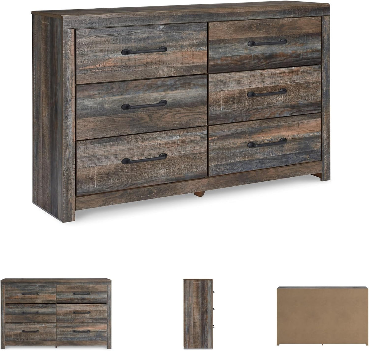Signature Design by Ashley Rustic 6 Drawer Bedroom Dresser, Drystan | Faux linen drawer lining, Rustic brown finish with subtle teal accents, Sturdy 59-inch wide engineered wood frame