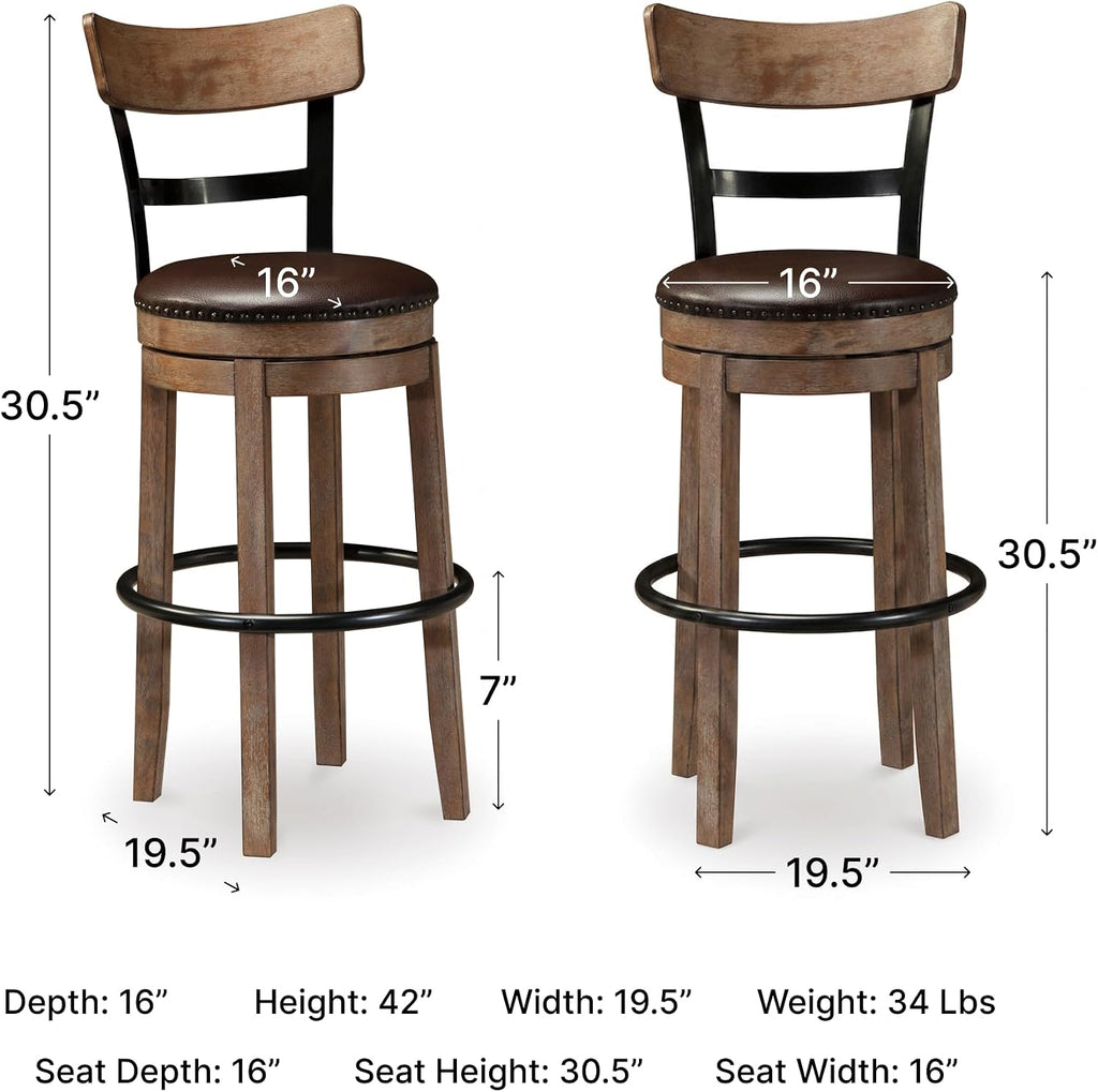 Signature Design by Ashley Pinnadel 30" Swivel Bar Height Barstool, Brown | Faux leather padded seat for easy cleanup, Sturdy wood, engineered wood, and metal frame, Built-in comfort footrest