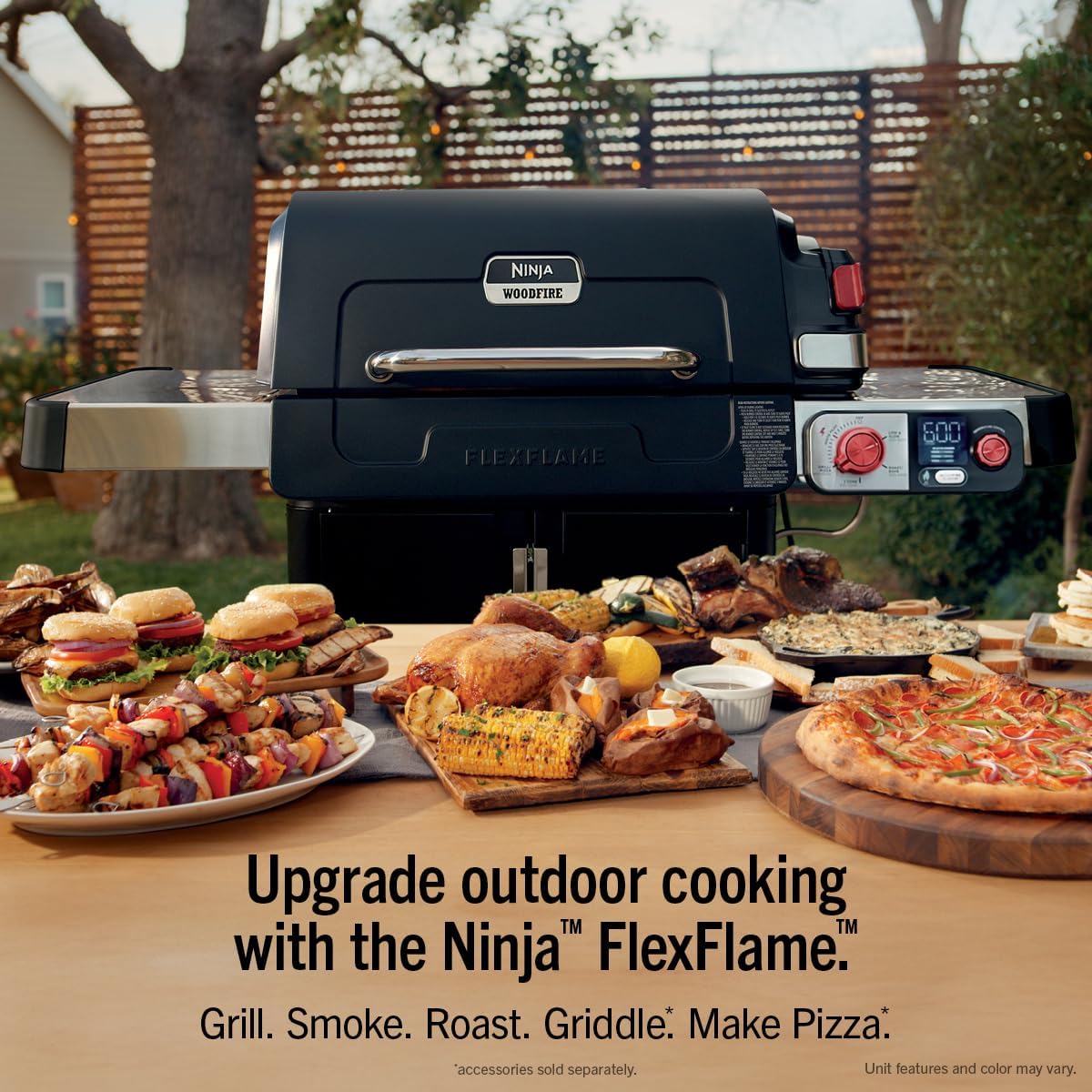 Ninja FlexFlame Grill & Smoker, Electric & Propane, 5-in-1, Black,PG301BK | Ninja FlexFlame is a 5-in-1 grill, smoker & griddle with precise 200-600°F control, fitting 3 chickens or 4 rib racks