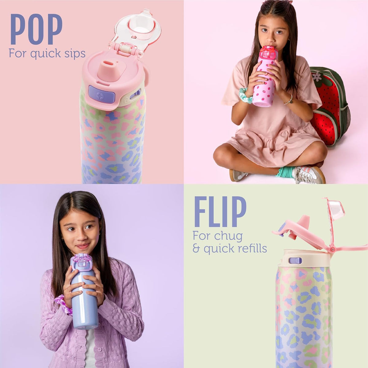 Ello Kids Pop & Fill 18oz Stainless Water Bottle, Sip or Chug, Strawberries