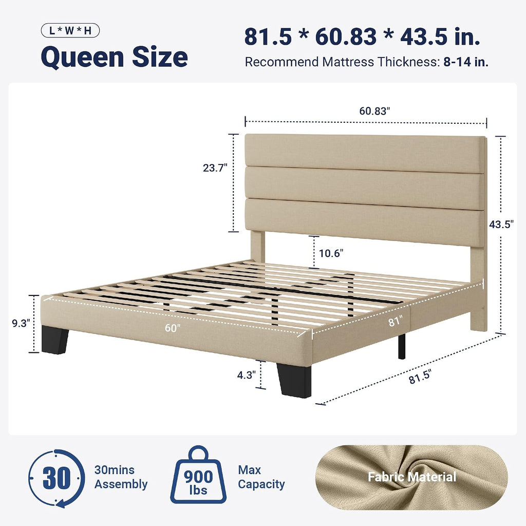 Allewie Queen Size Platform Bed Frame with Fabric Upholstered Headboard