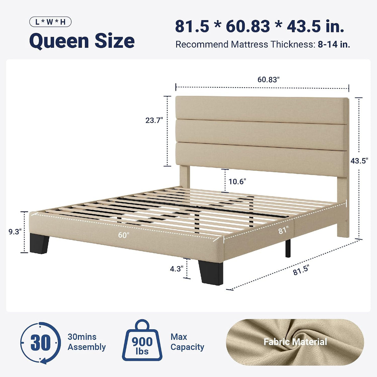 Allewie Queen Size Platform Bed Frame with Fabric Upholstered Headboard