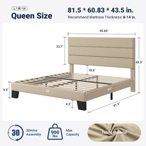 Allewie Queen Size Platform Bed Frame with Fabric Upholstered Headboard