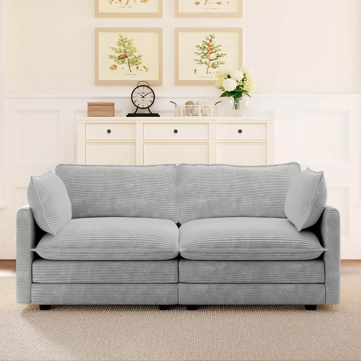 ROWHY 112'' Sectional Modular Cloud Couch, Oversized 5 Seat Couches U Shaped Sofa with 2 Movable Ottomans, 2 Throw Pillows, Upholstered Corduroy U Shape Comfy Deep Couches for Living Room, Beige