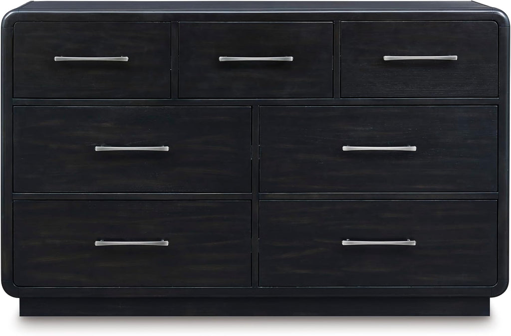 Signature Design by Ashley Rowanbeck Dresser, Black Wood 7 Drawer Chest for Bedroom, Hardwood Solids and Ash Veneer, Contemporary Storage for Master Suites, Black, 64" W