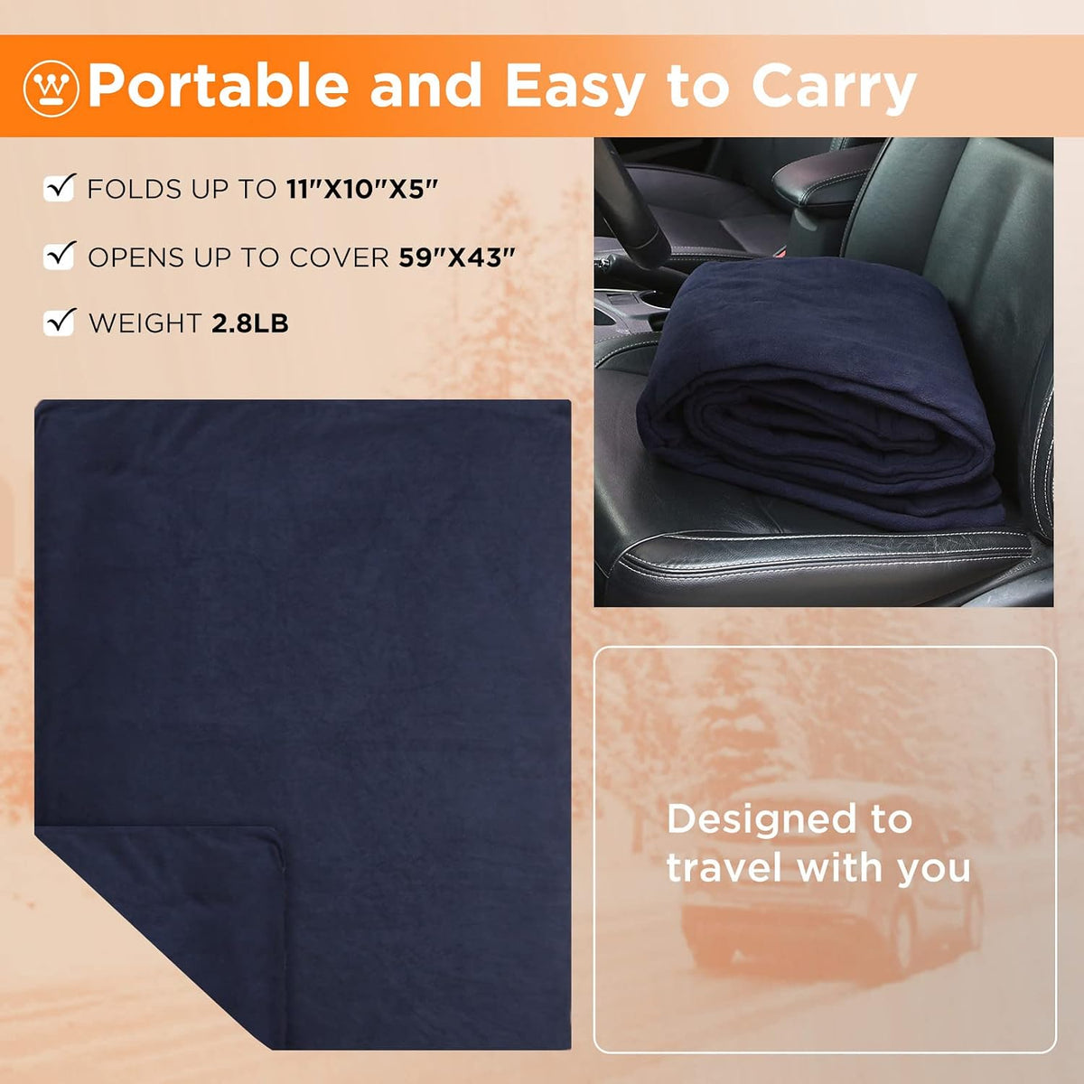 Westinghouse Heated Car Blanket, 12 Volt Electric Blanket, Navy, 59" x 43"