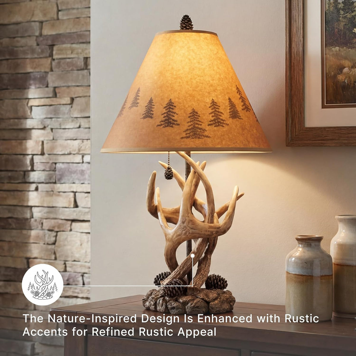 Signature Design by Ashley Derek Rustic Table Lamps, Living Room, Set of 2 | Durable poly resin antler base, Warm translucent paper silhouette shade projecting forest scenes, Rustic cabin style