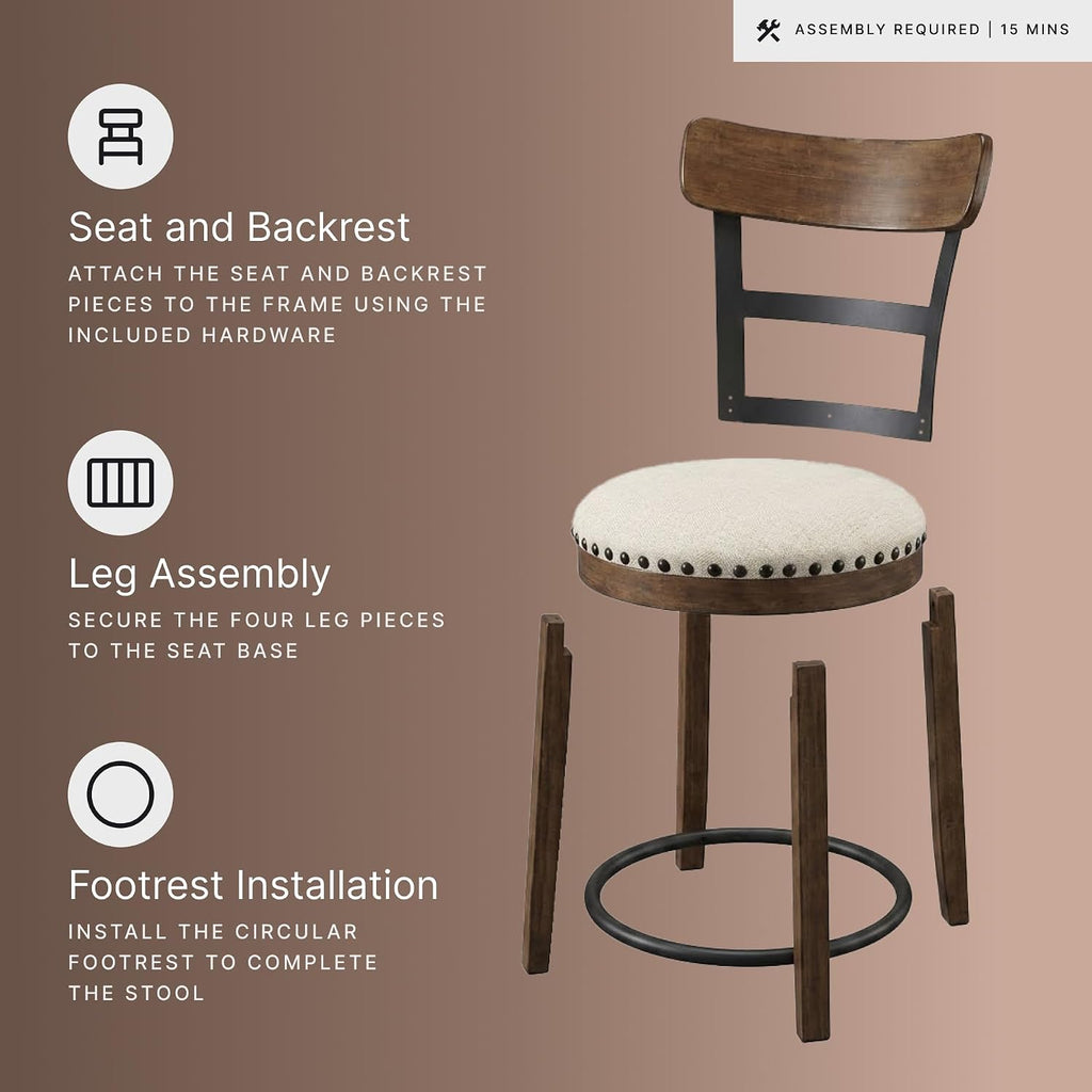 Signature Design by Ashley Valebeck Counter Height Bar Stool, Brown | Rustic-industrial wood and metal stool, Cushioned comfort, Tailored nailhead trim, Smooth 360-degree swivel