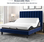 Allewie Queen Platform Bed Frame/Velvet Upholstered Bed Frame with Vertical Channel Tufted Headboard/Strong Wooden Slats/Mattress Foundation/Box Spring Optional/Easy Assembly/Navy Blue