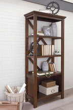 Signature Design by Ashley Baldridge 4-Shelf Bookcase, Rustic Brown | Durable blend of veneers, wood and engineered wood, Vintage textured look, Deep 12.75" shelves for office storage