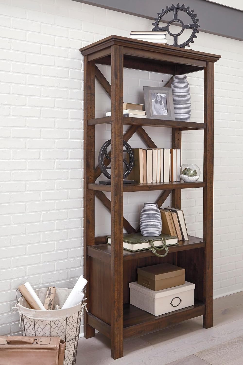 Signature Design by Ashley Baldridge 4-Shelf Bookcase, Rustic Brown | Durable blend of veneers, wood and engineered wood, Vintage textured look, Deep 12.75" shelves for office storage