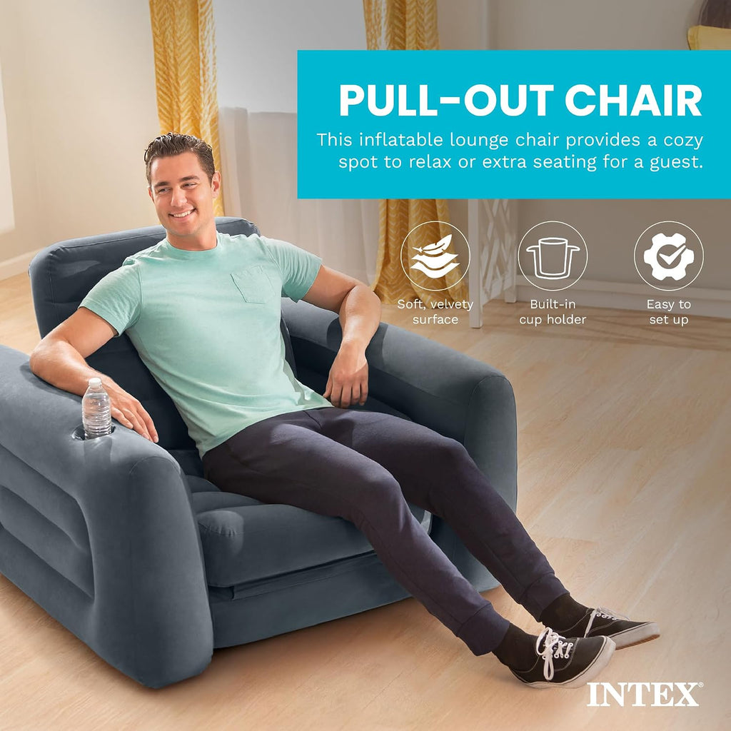 Intex 66551EP Inflatable Pull-Out Chair: Built-in Cupholder – Velvety Surface – 2-in-1 Valve – Folds Compactly – 80" x 91" x 26"