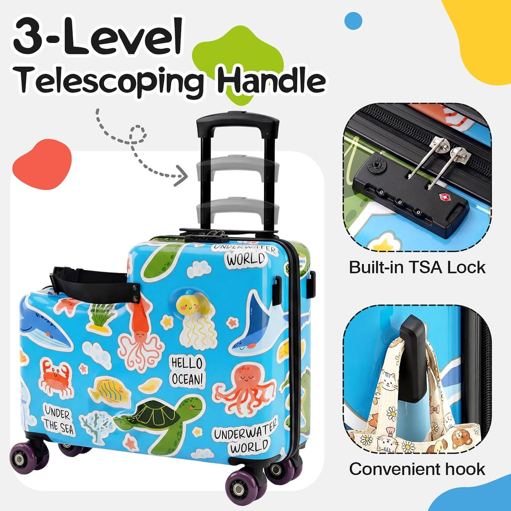 20" Ride On Luggage for Kids,Cute Pattern,Lightweight Hardshell Carry-On Luggage with Double Spinner Wheels,TSA Lock,Circular Handrail,Safety Belt,Foot Pedal,for Boys&Girls,Load Cap. 120 lbs (Blue)
